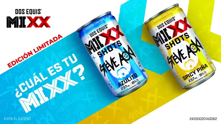 MIXX Shots de Dos Equis y Steve Aoki, edición limitada de bebidas con sabores Spicy Piña y Azulito.